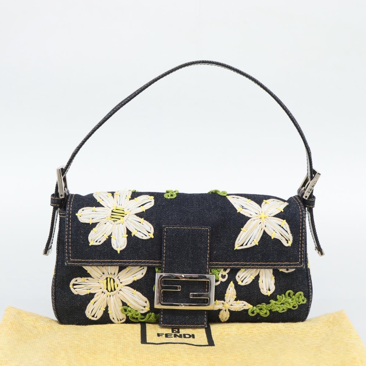FENDI Flower Embroidery Mamma Baguette Shoulder Bag Denim Navy Auth yk20668SM