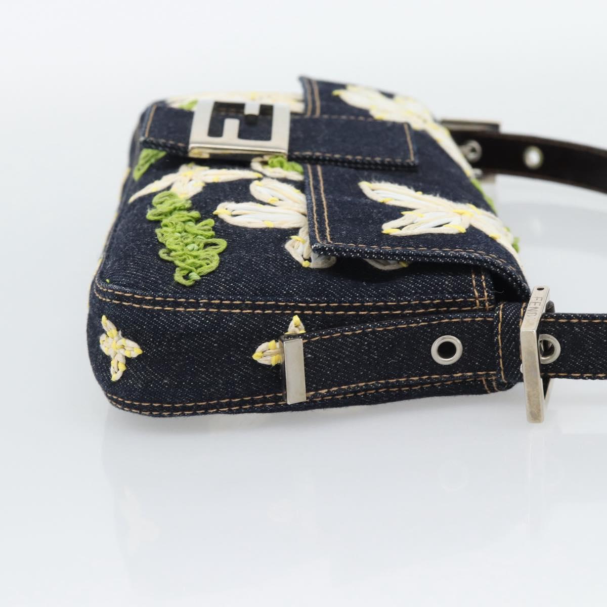 FENDI Flower Embroidery Mamma Baguette Shoulder Bag Denim Navy Auth yk20668SM