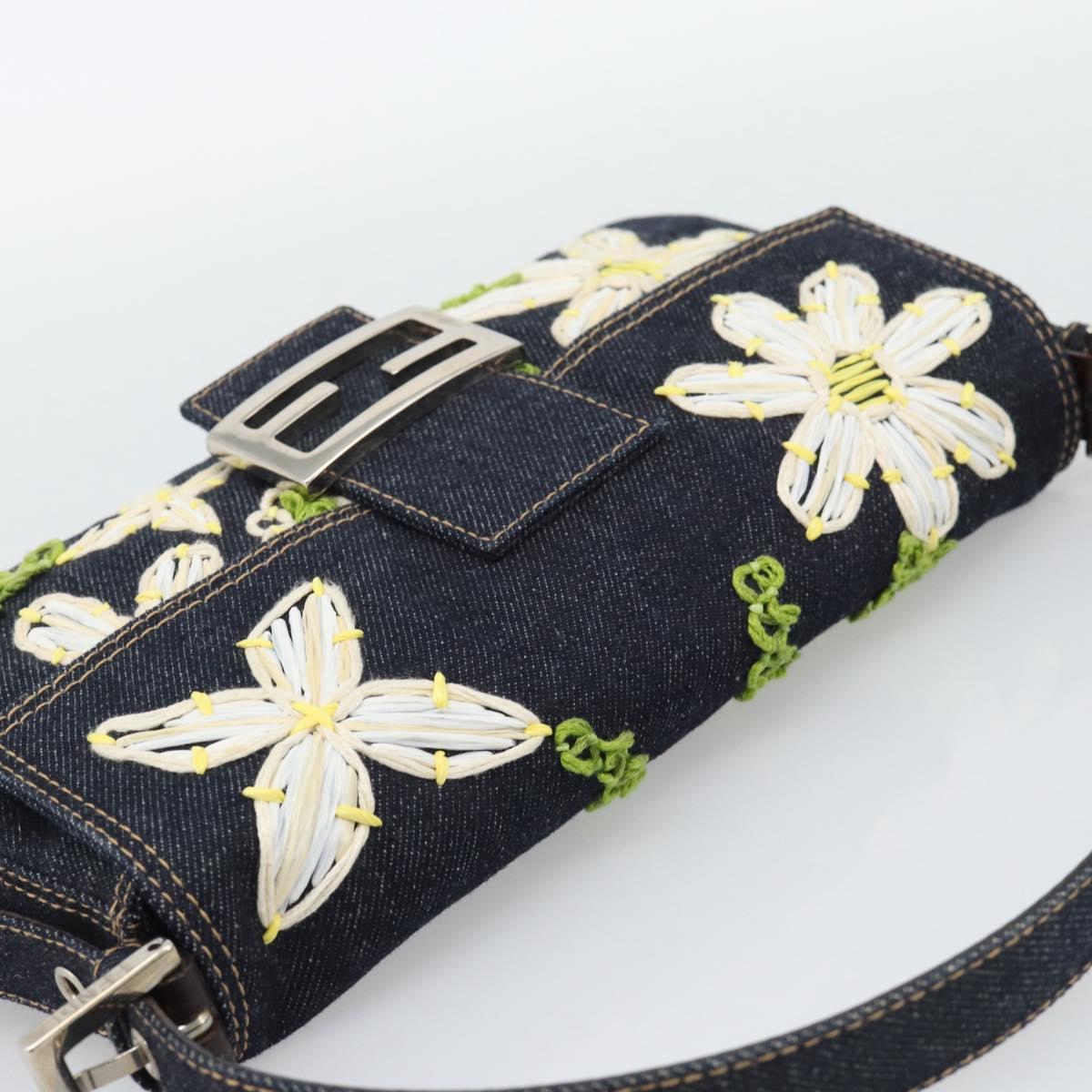 FENDI Flower Embroidery Mamma Baguette Shoulder Bag Denim Navy Auth yk20668SM