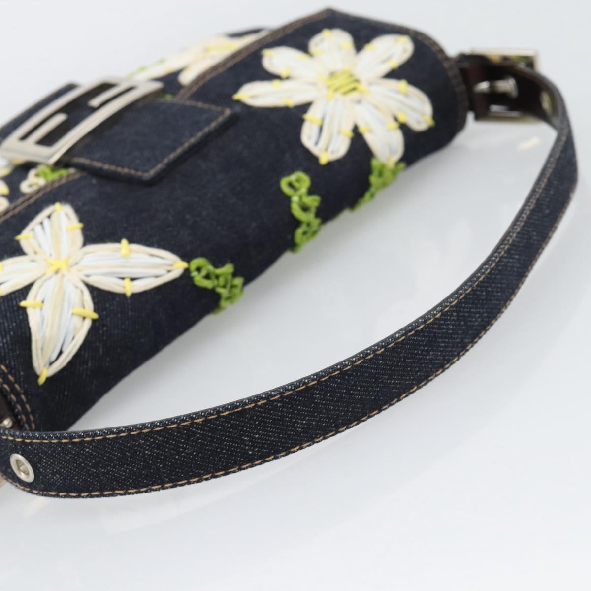 FENDI Flower Embroidery Mamma Baguette Shoulder Bag Denim Navy Auth yk20668SM