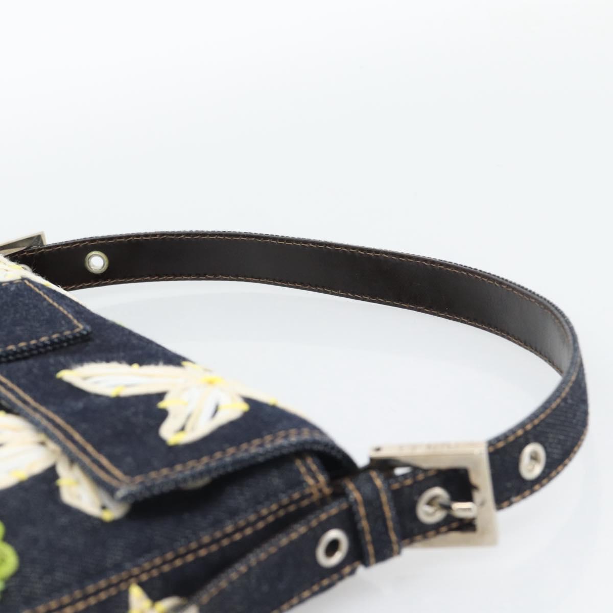 FENDI Flower Embroidery Mamma Baguette Shoulder Bag Denim Navy Auth yk20668SM