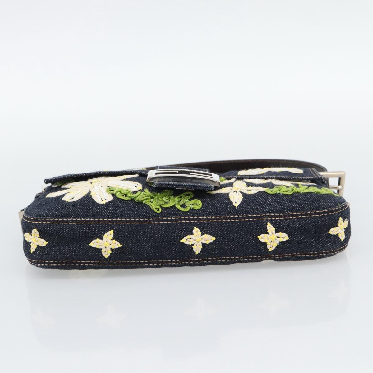 FENDI Flower Embroidery Mamma Baguette Shoulder Bag Denim Navy Auth yk20668SM