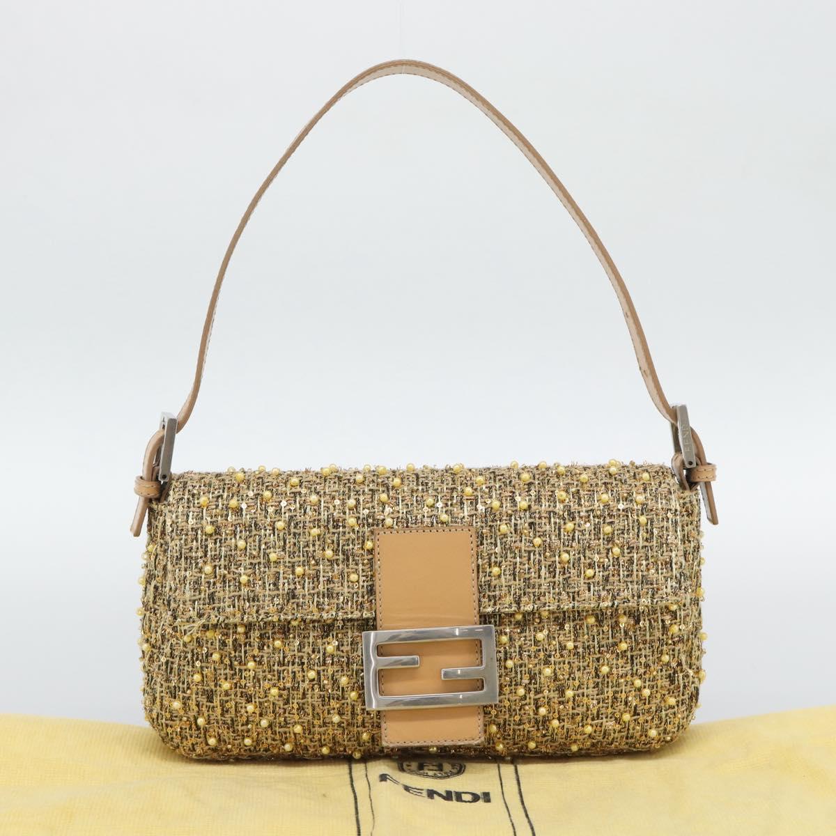 FENDI Tweed Beads Mamma Baguette Shoulder Bag Gold Silver 8BR000 Auth yk20672SAM