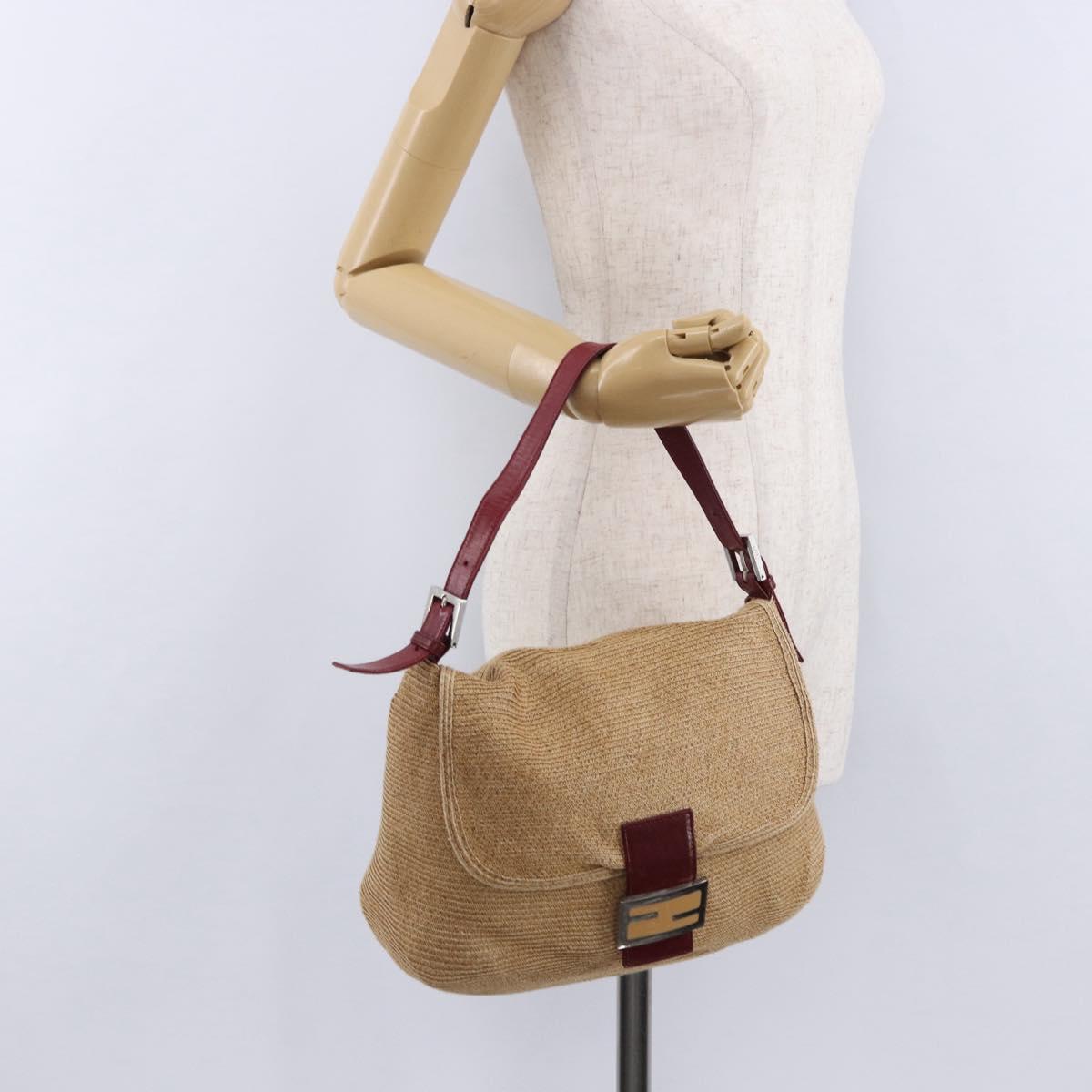 FENDI Mamma Baguette Shoulder Bag Straw Beige Silver Auth yk20673SAV