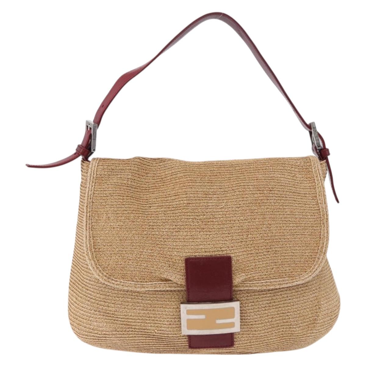 FENDI Mamma Baguette Shoulder Bag Straw Beige Silver Auth yk20673SAV