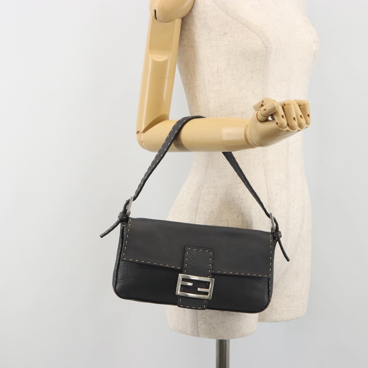 FENDI Celeria Mamma Baguette Shoulder Bag Leather Gray Silver Auth yk20674M