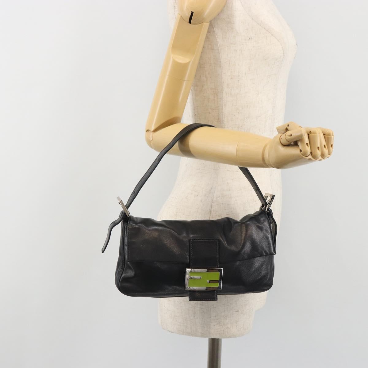 FENDI Mamma Baguette Shoulder Bag Leather Black Silver Auth yk20676SAM