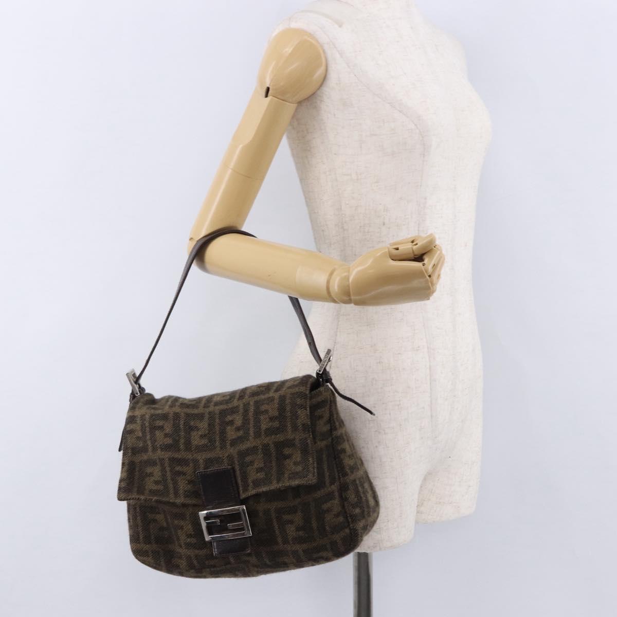 FENDI Zucca Mamma Baguette Shoulder Bag Wool Brown Silver Auth yk20677SAM