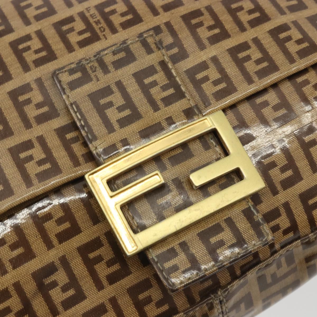 FENDI Zucchino Mamma Baguette Shoulder Bag Patent Beige Gold Tone Auth yk20679A