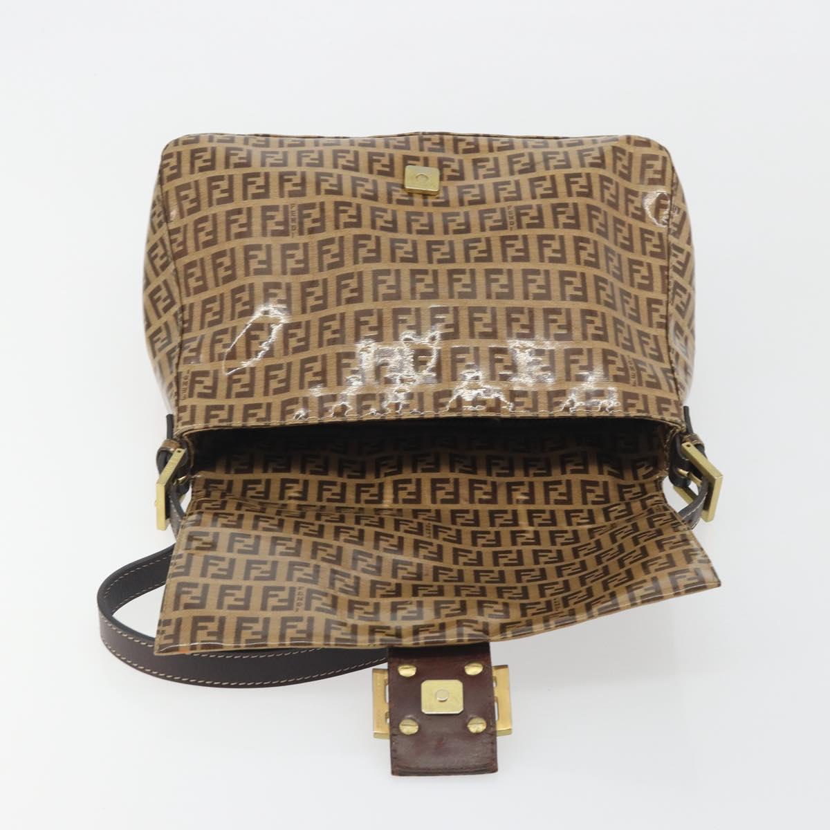 FENDI Zucchino Mamma Baguette Shoulder Bag Patent Beige Gold Tone Auth yk20679A