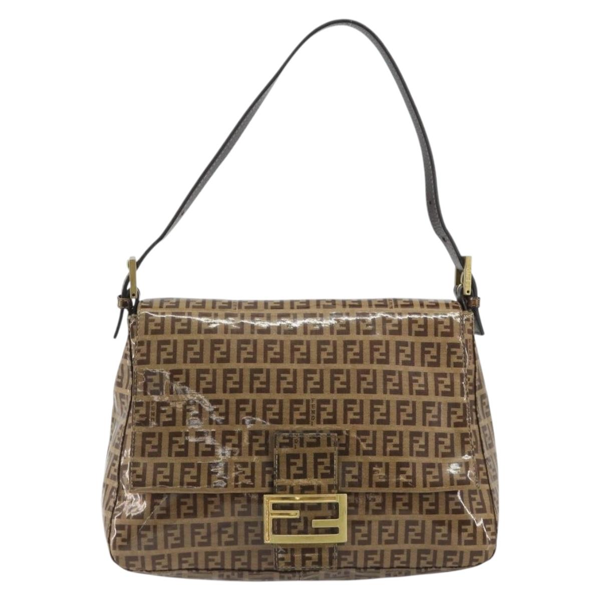 FENDI Zucchino Mamma Baguette Shoulder Bag Patent Beige Gold Tone Auth yk20679A