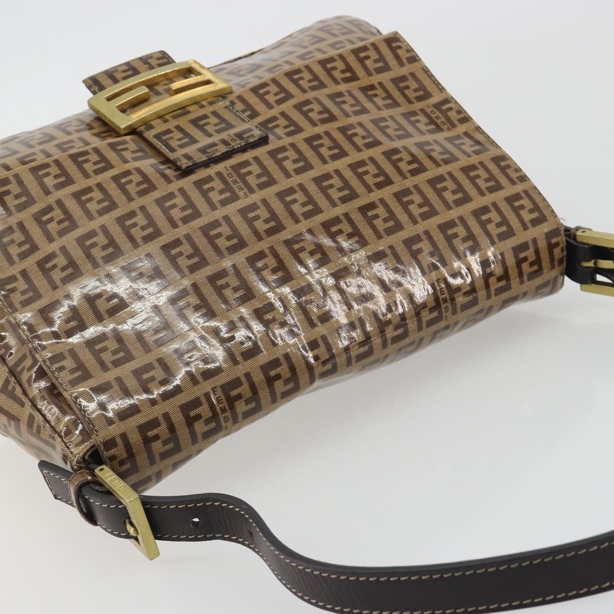 FENDI Zucchino Mamma Baguette Shoulder Bag Patent Beige Gold Tone Auth yk20679A