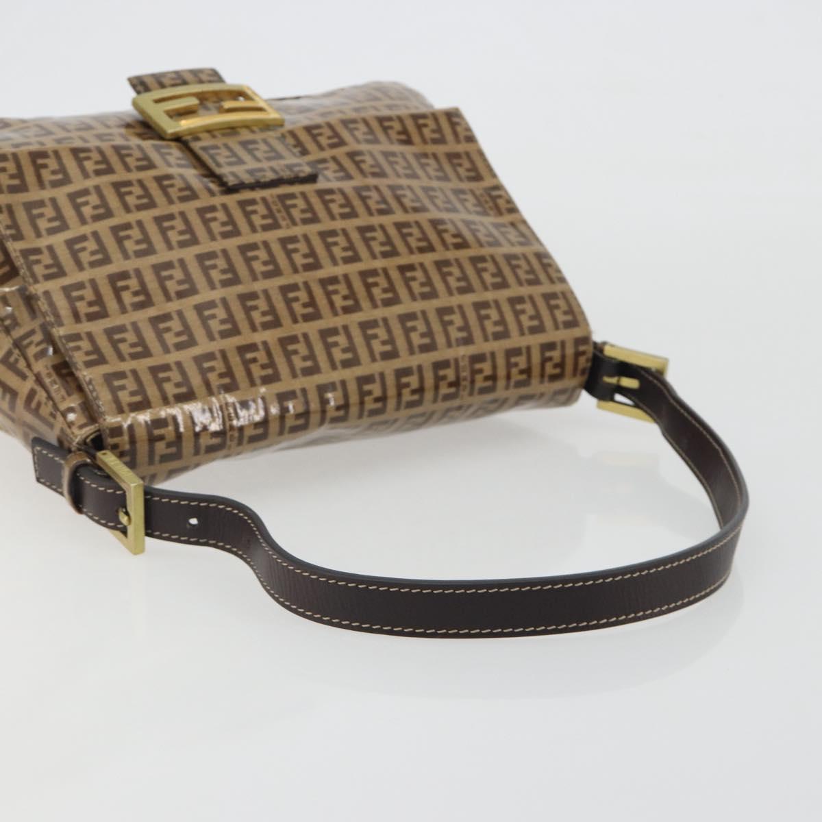 FENDI Zucchino Mamma Baguette Shoulder Bag Patent Beige Gold Tone Auth yk20679A