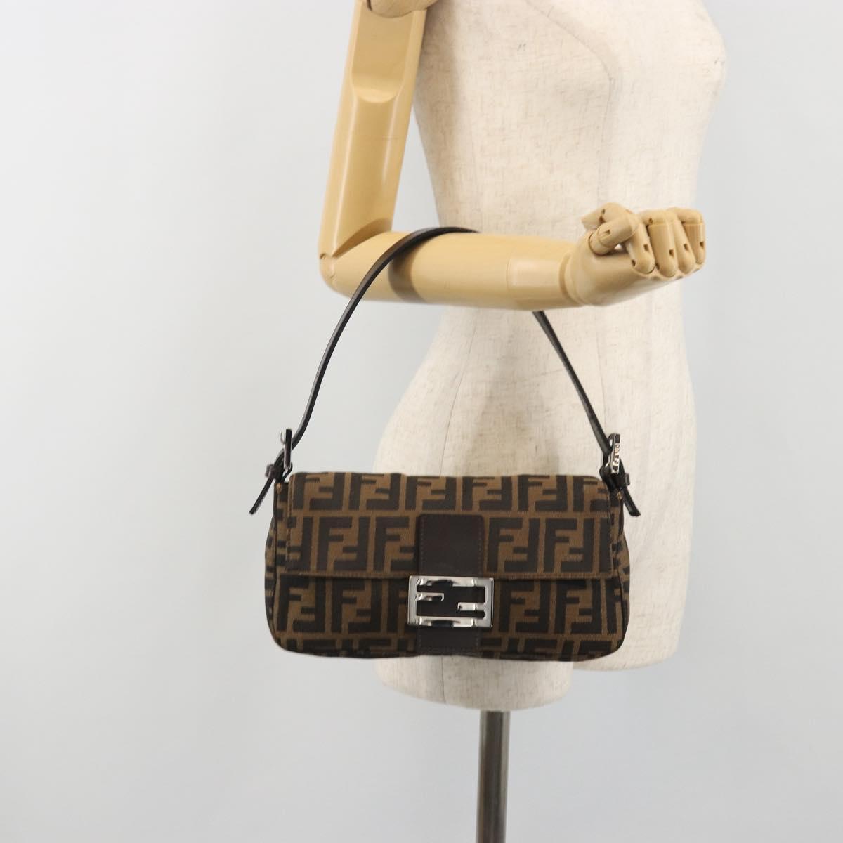 FENDI Zucca Canvas Mamma Baguette Shoulder Bag Brown Silver Auth yk20686SAM