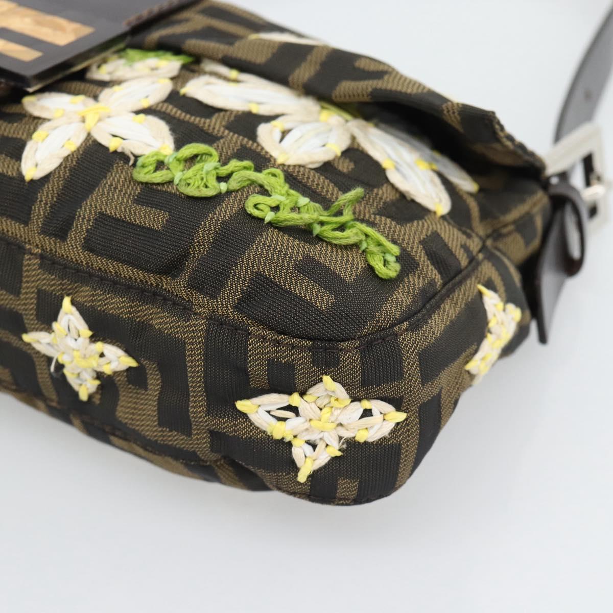 FENDI Zucca Canvas Flower Embroidery Mamma Baguette Brown Silver Auth yk20688SM