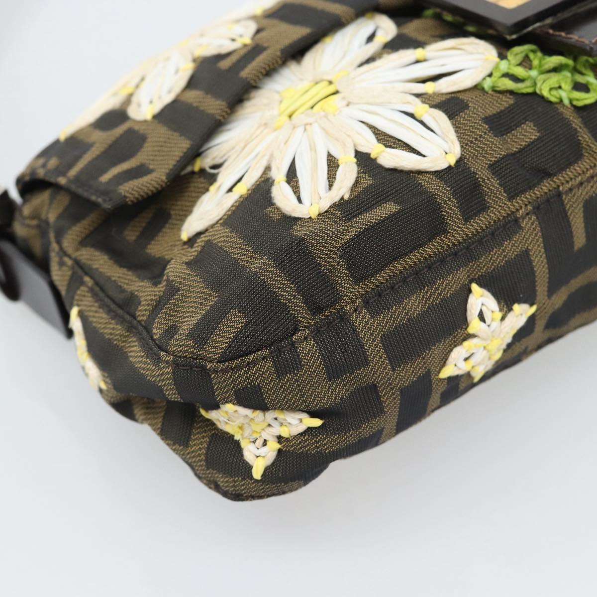 FENDI Zucca Canvas Flower Embroidery Mamma Baguette Brown Silver Auth yk20688SM