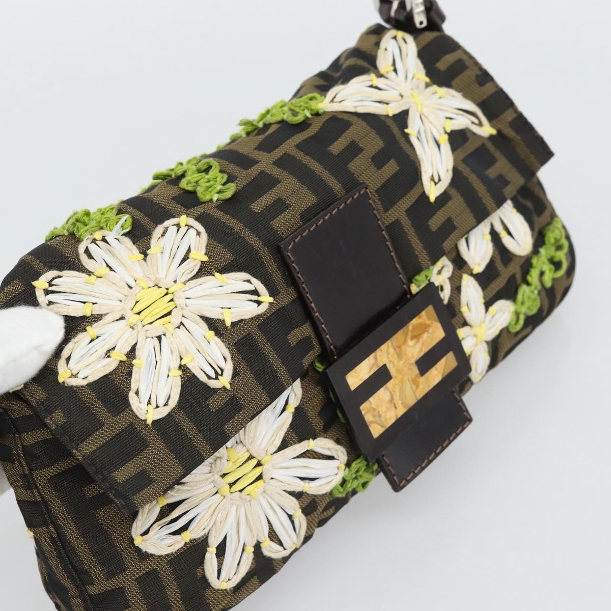 FENDI Zucca Canvas Flower Embroidery Mamma Baguette Brown Silver Auth yk20688SM
