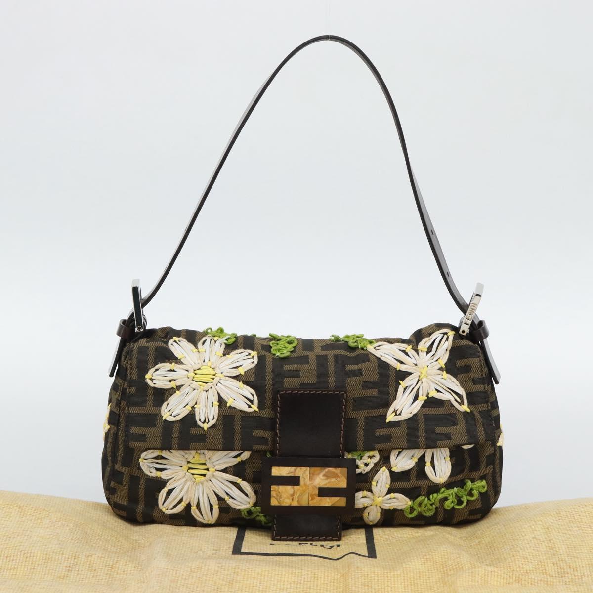FENDI Zucca Canvas Flower Embroidery Mamma Baguette Brown Silver Auth yk20688SM