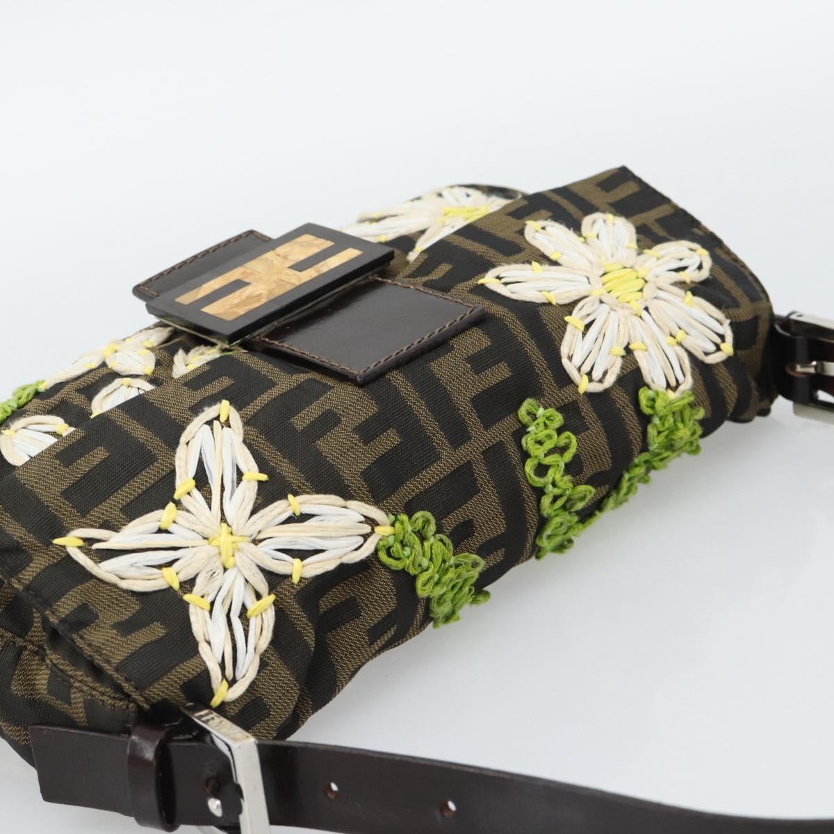 FENDI Zucca Canvas Flower Embroidery Mamma Baguette Brown Silver Auth yk20688SM
