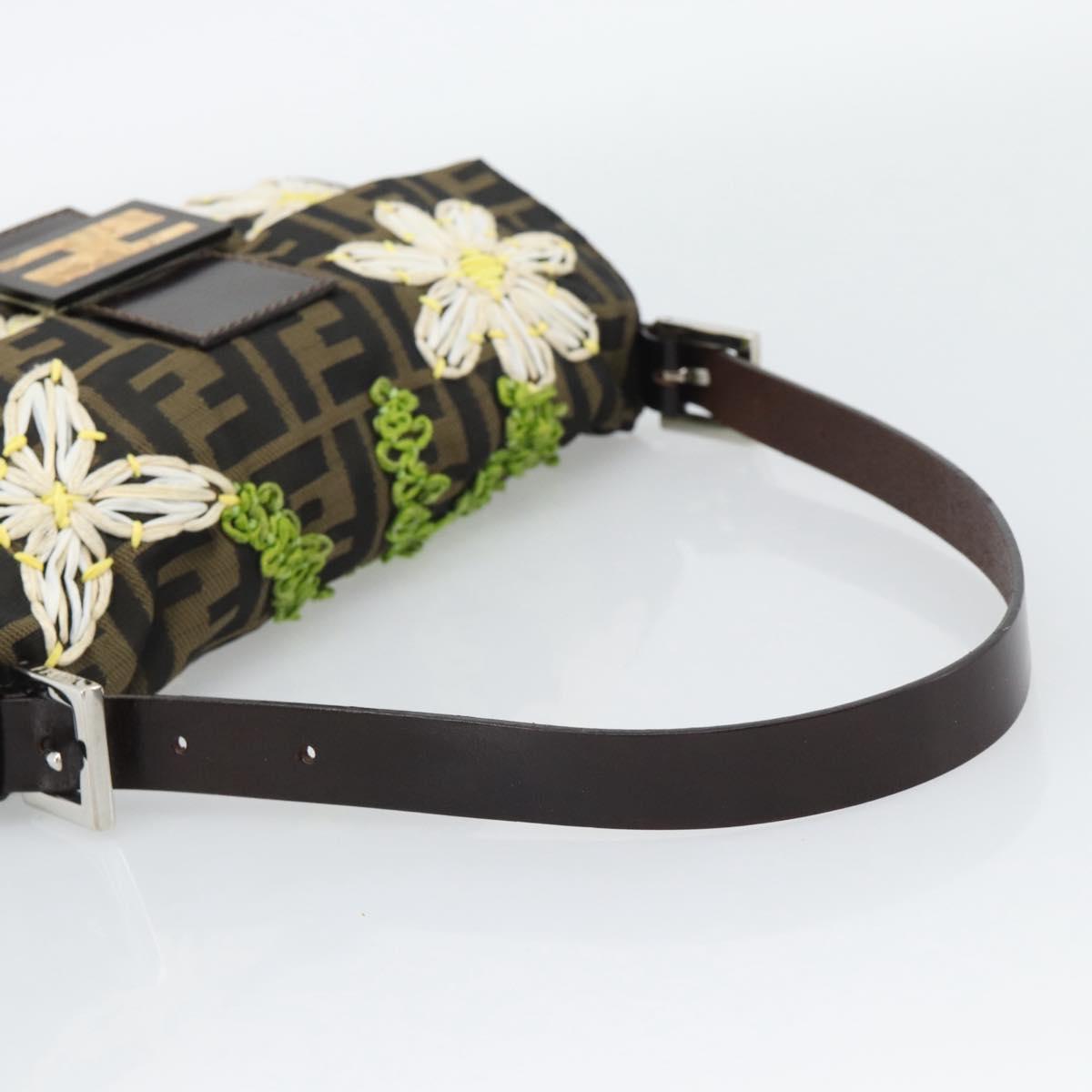 FENDI Zucca Canvas Flower Embroidery Mamma Baguette Brown Silver Auth yk20688SM