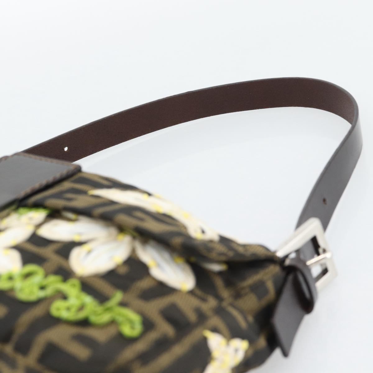 FENDI Zucca Canvas Flower Embroidery Mamma Baguette Brown Silver Auth yk20688SM