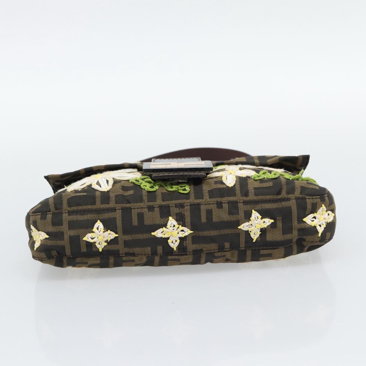 FENDI Zucca Canvas Flower Embroidery Mamma Baguette Brown Silver Auth yk20688SM