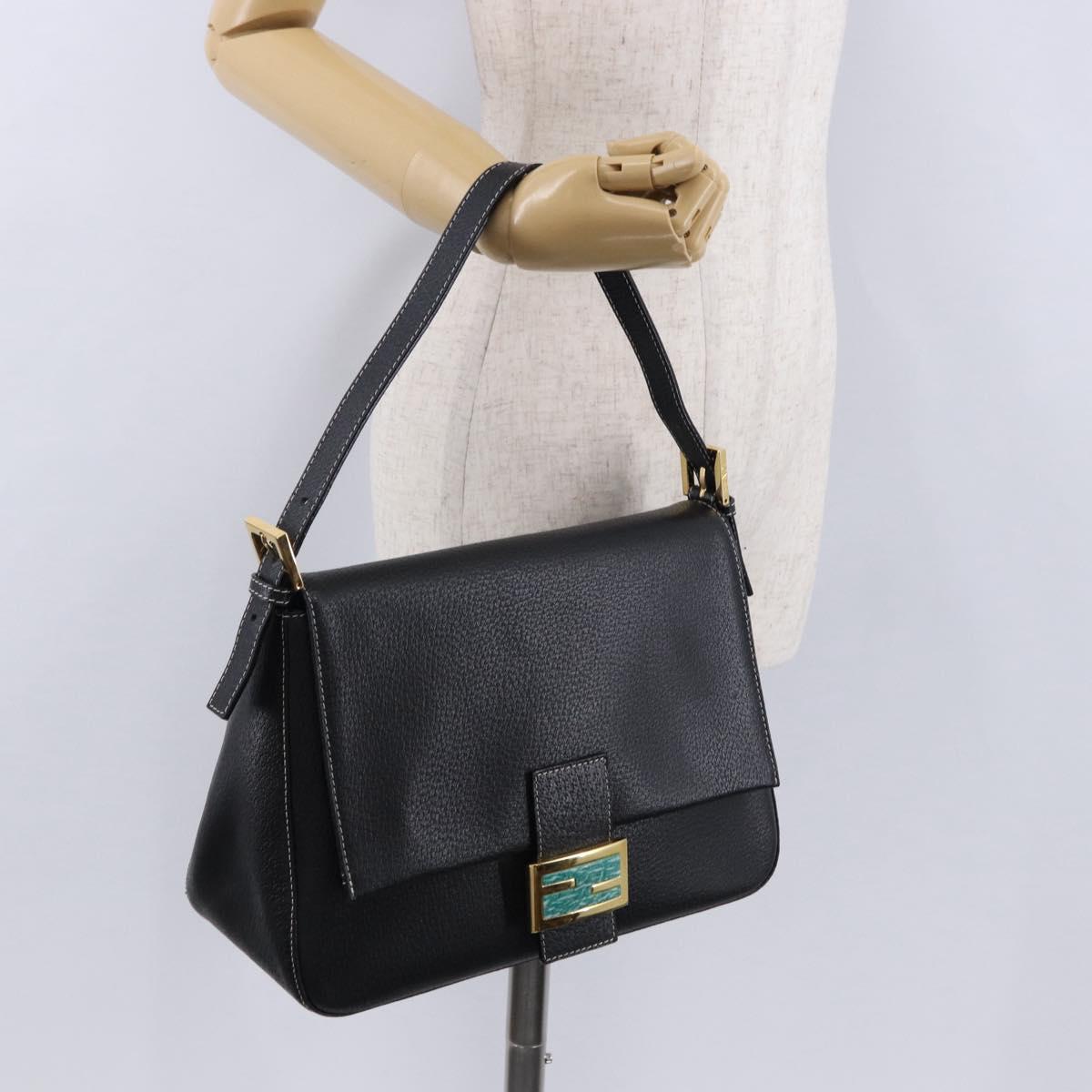 FENDI Mamma Baguette Shoulder Bag Leather Black Gold Tone Auth yk20691SAM