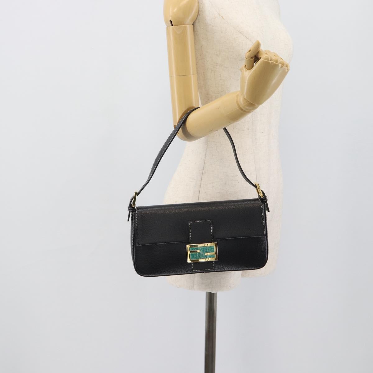 FENDI Mamma Baguette Shoulder Bag Leather Black Gold Tone Auth yk20692SM