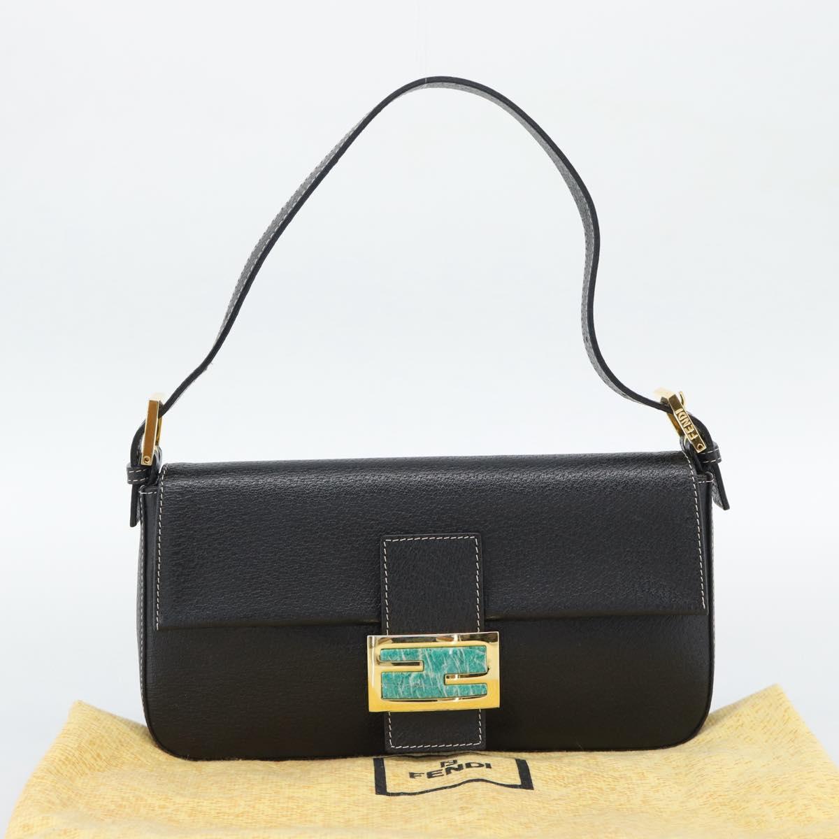 FENDI Mamma Baguette Shoulder Bag Leather Black Gold Tone Auth yk20692SM