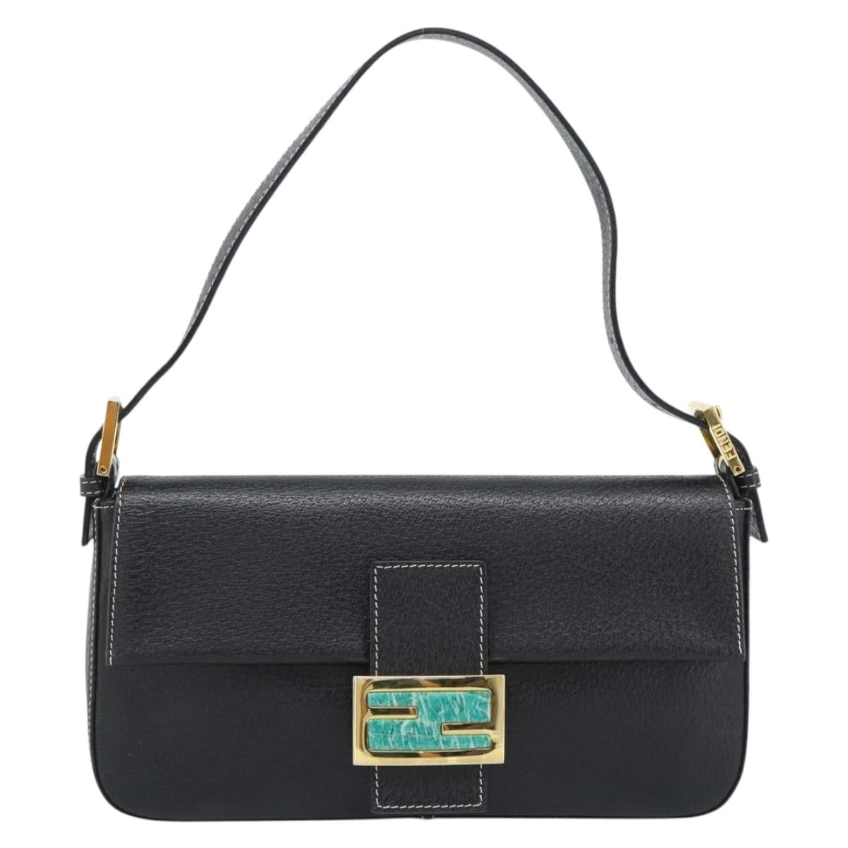 FENDI Mamma Baguette Shoulder Bag Leather Black Gold Tone Auth yk20692SM