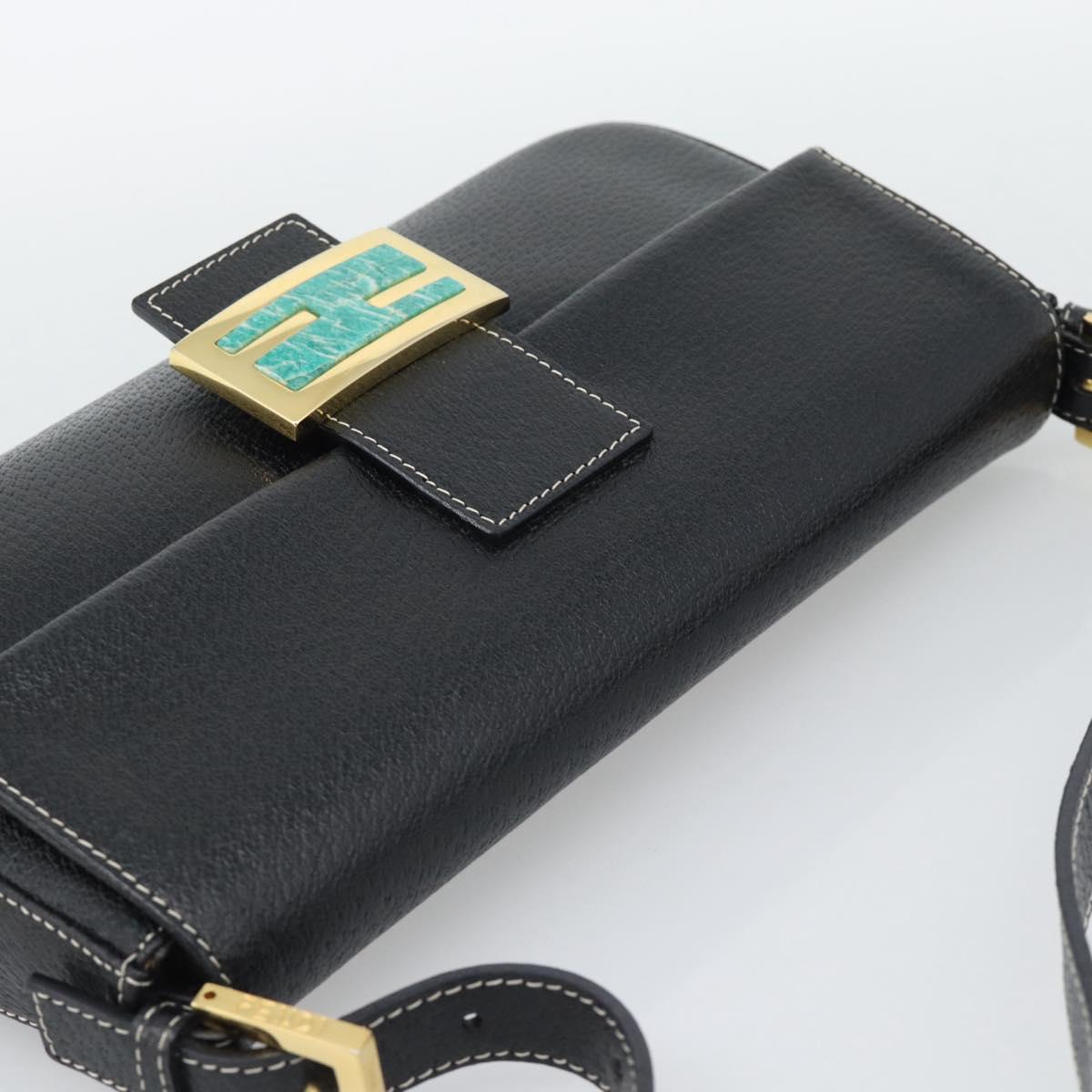 FENDI Mamma Baguette Shoulder Bag Leather Black Gold Tone Auth yk20692SM
