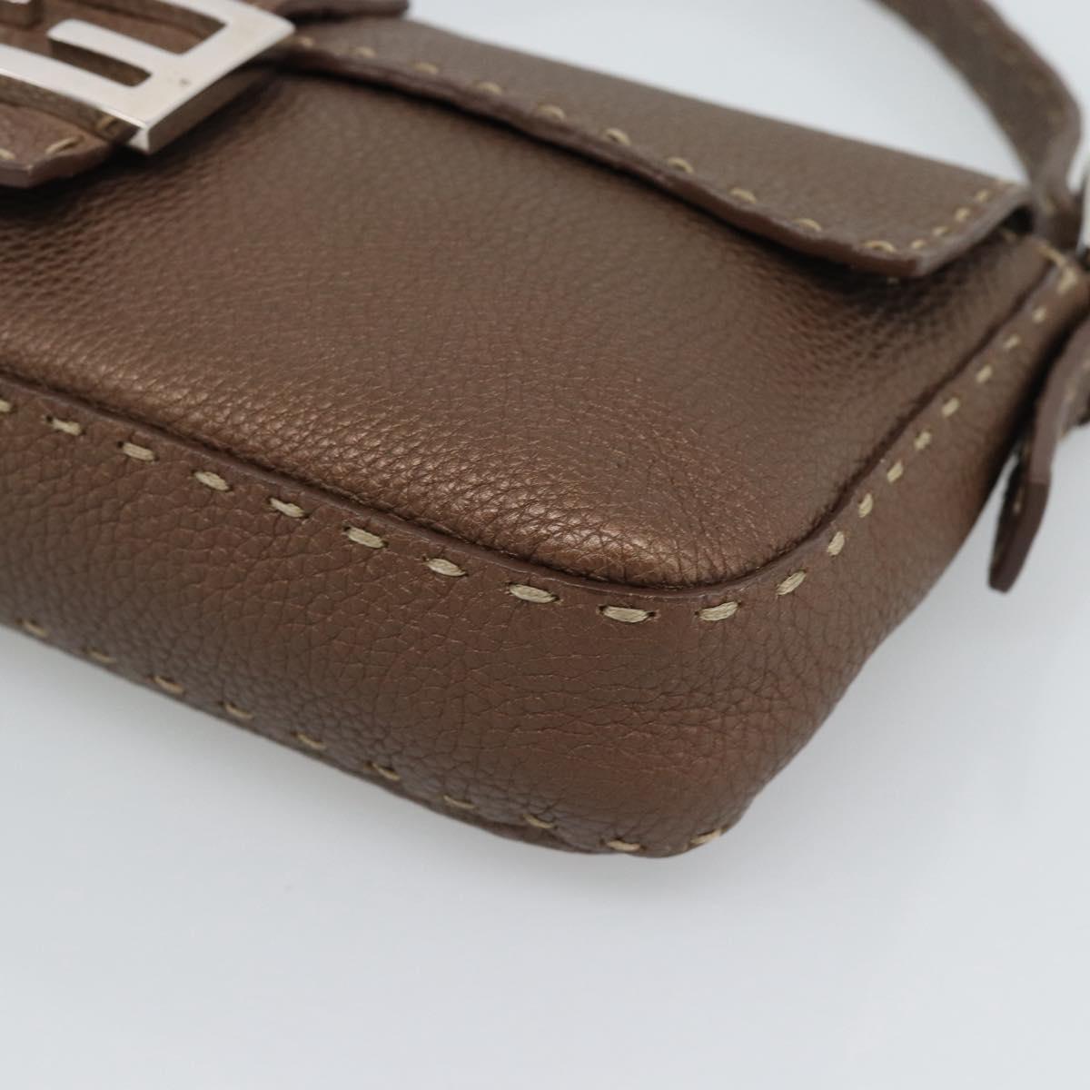 FENDI Celeria Mamma Baguette Shoulder Bag Leather Brown Silver Auth yk20699SAM