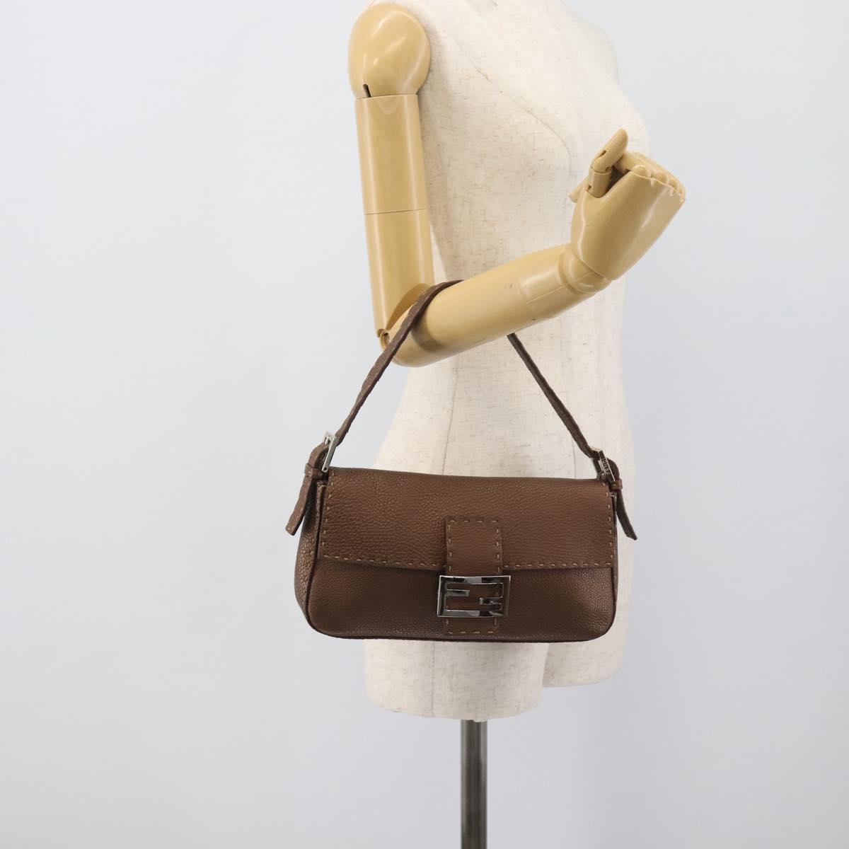 FENDI Celeria Mamma Baguette Shoulder Bag Leather Brown Silver Auth yk20699SAM