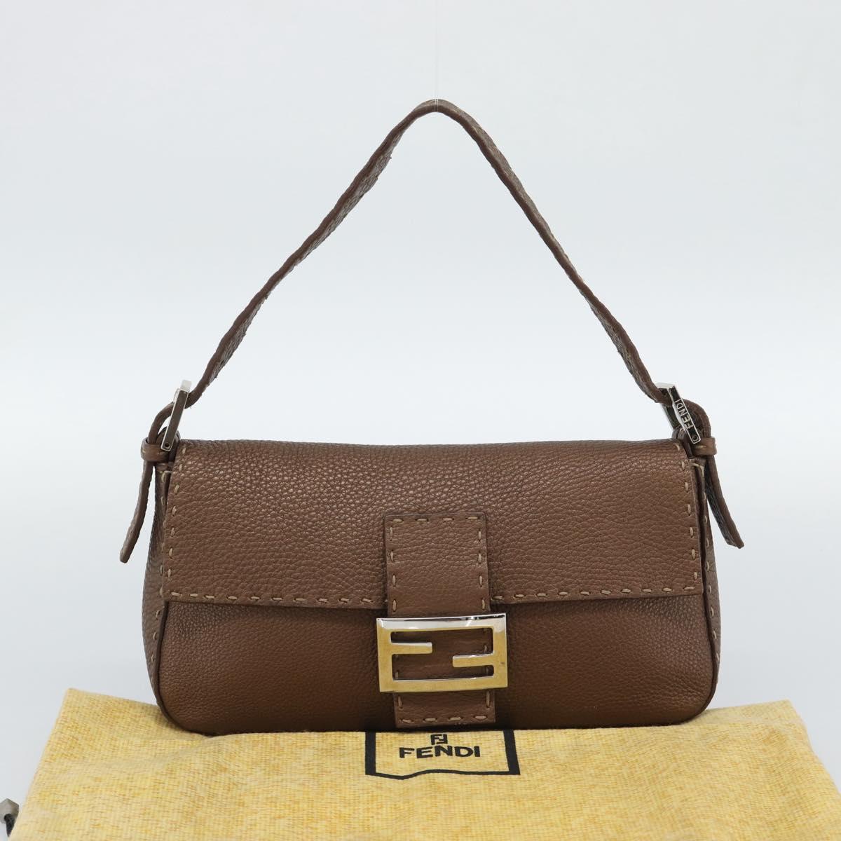 FENDI Celeria Mamma Baguette Shoulder Bag Leather Brown Silver Auth yk20699SAM