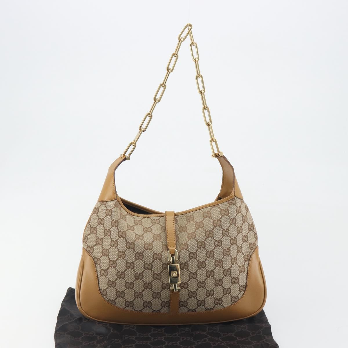 GUCCI GG Canvas Jackie Chain Shoulder Bag Beige Gold 001-4015 Auth yk20704SAV