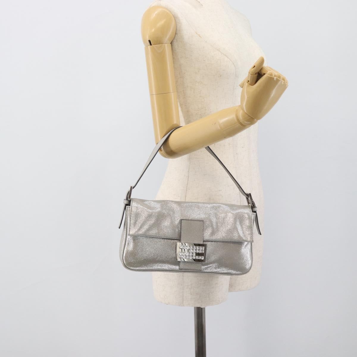 FENDI Rhinestone Mamma Baguette Bag Leather Silver 8BR600 Auth yk20705SM