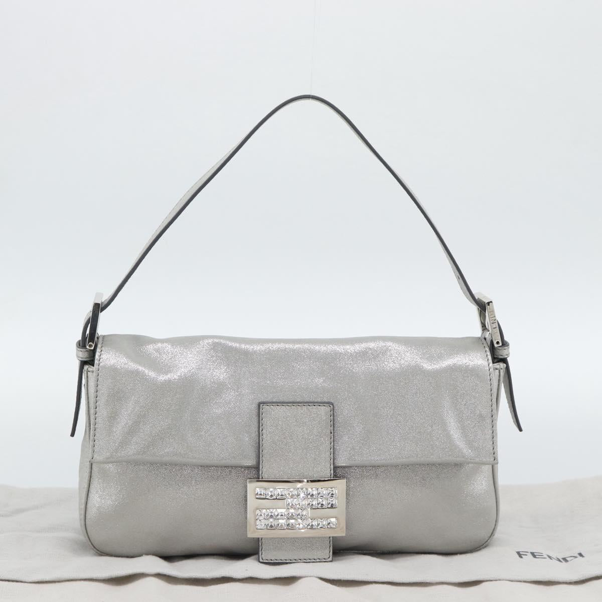 FENDI Rhinestone Mamma Baguette Bag Leather Silver 8BR600 Auth yk20705SM