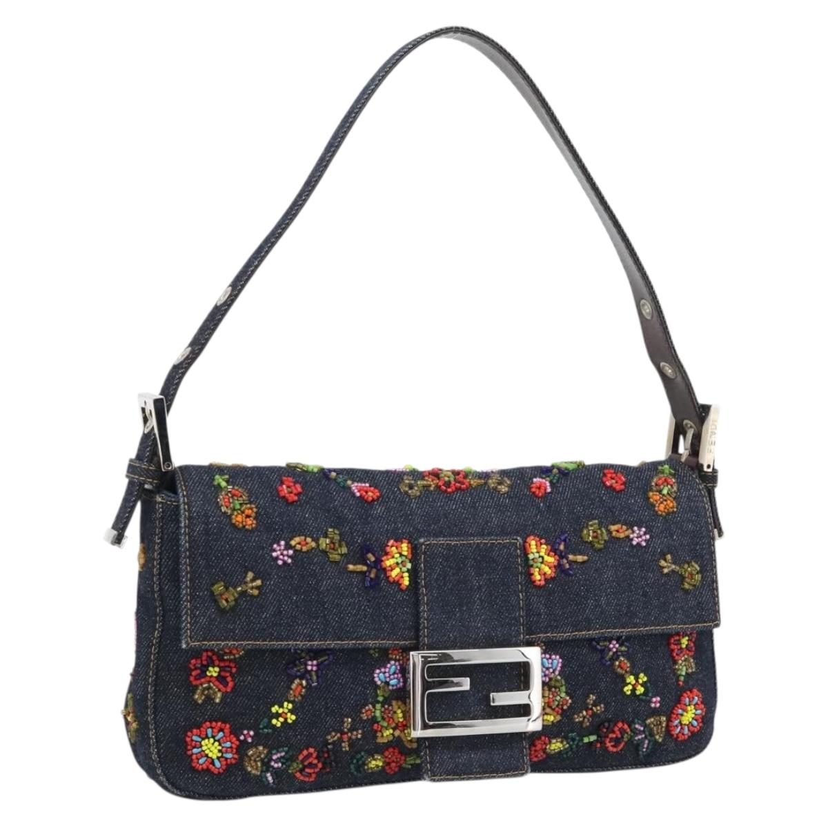 FENDI Denim Beads Mamma Baguette Shoulder Bag Multicolor Blue Auth yk20706SAM