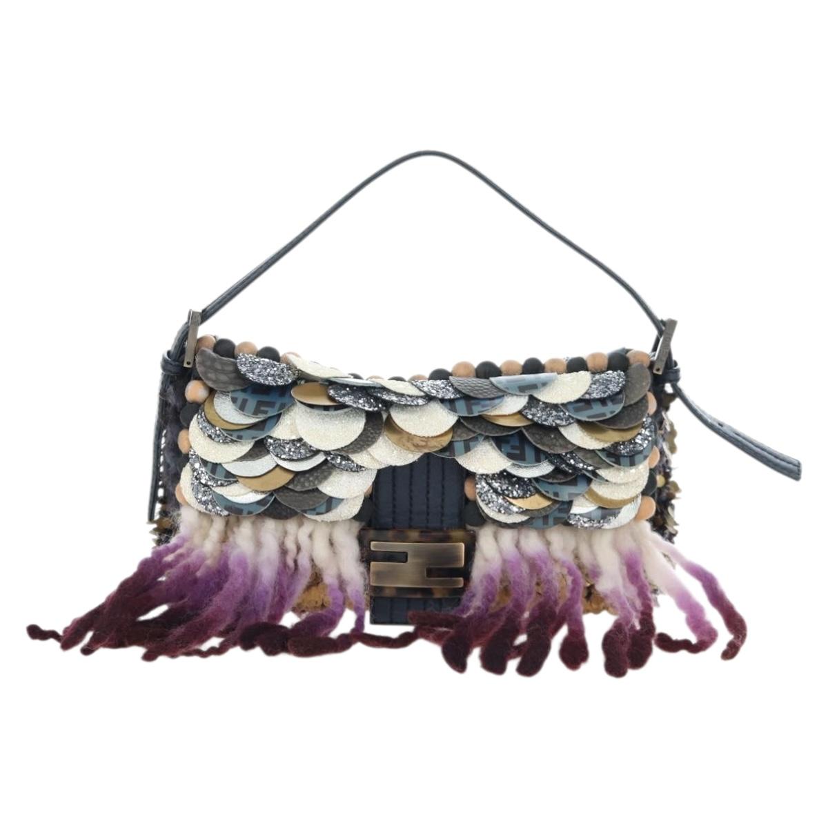 FENDI Mamma Baguette Bag Wool Sequin Metal Multicolor Gold Auth yk20710SM