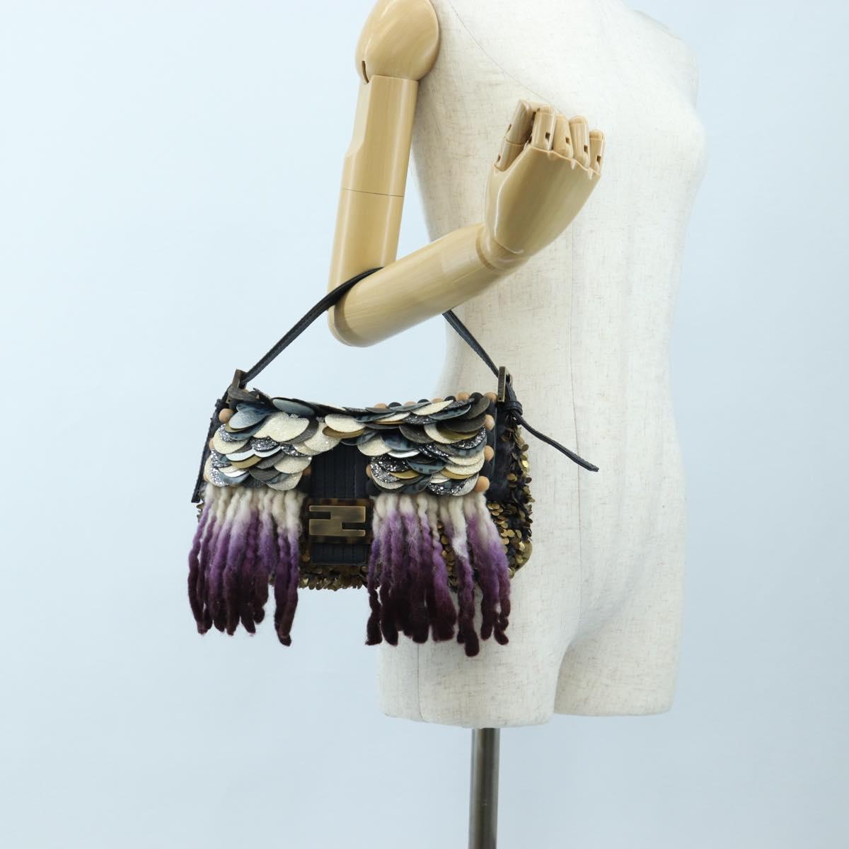 FENDI Mamma Baguette Bag Wool Sequin Metal Multicolor Gold Auth yk20710SM