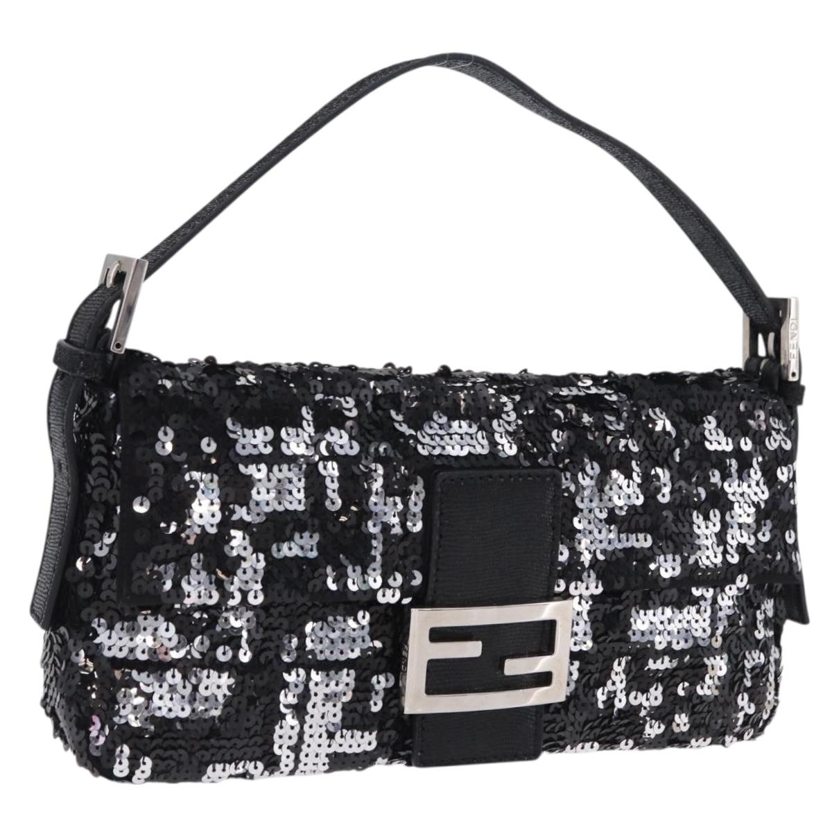 FENDI Mamma Baguette Shoulder Bag Sequin Black Silver Auth yk20711SM