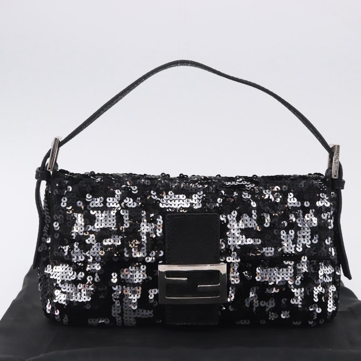FENDI Mamma Baguette Shoulder Bag Sequin Black Silver Auth yk20711SM