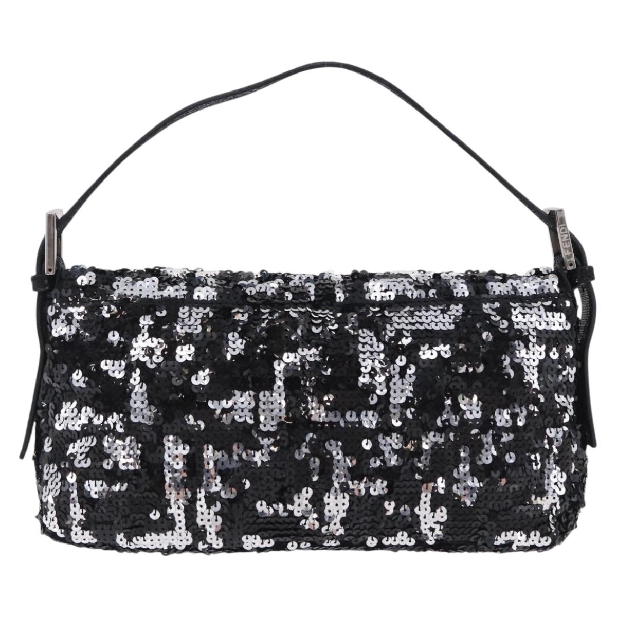FENDI Mamma Baguette Shoulder Bag Sequin Black Silver Auth yk20711SM