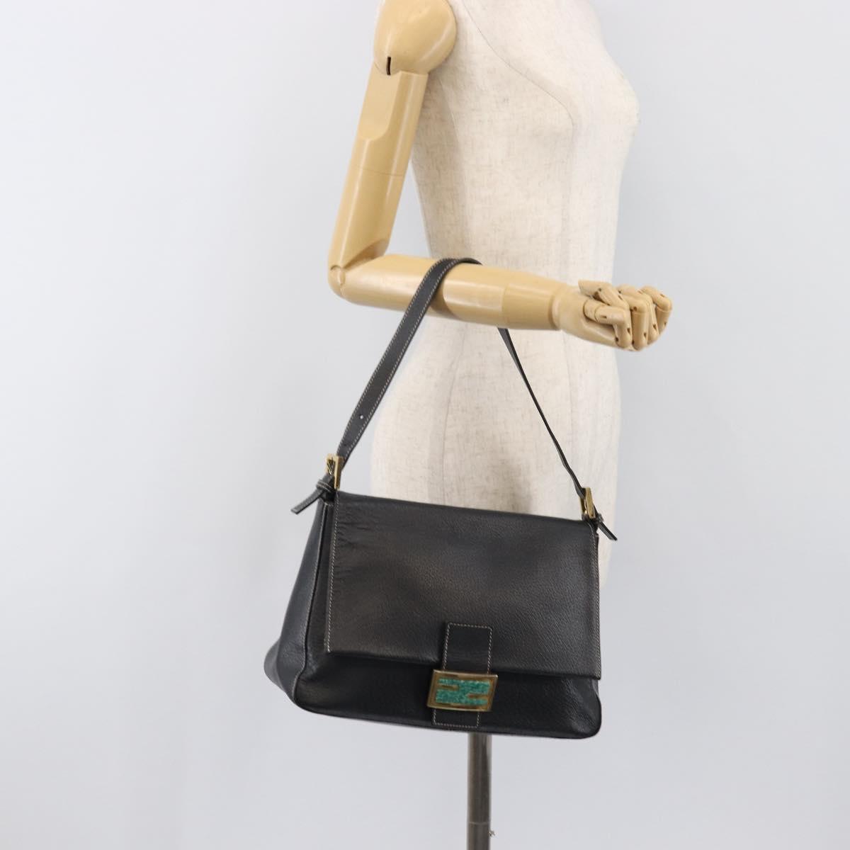FENDI Mamma Baguette Shoulder Bag Leather Black Gold Auth yk20713M