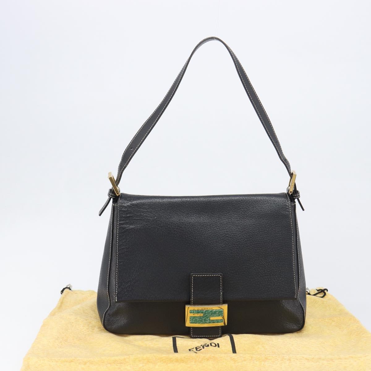FENDI Mamma Baguette Shoulder Bag Leather Black Gold Auth yk20713M