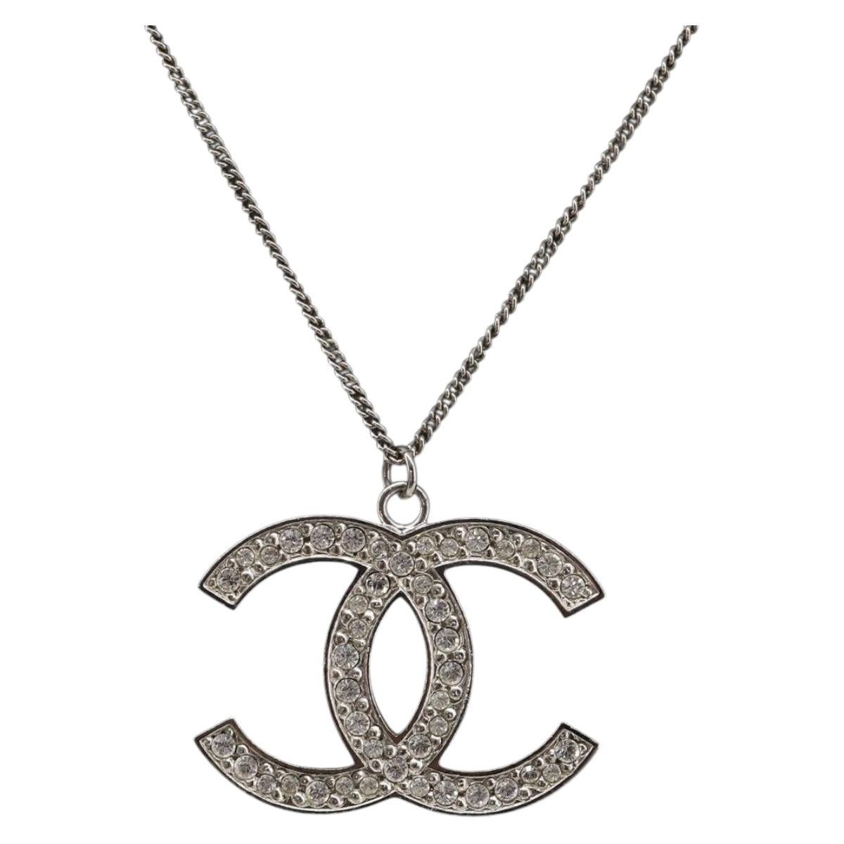 CHANEL COCO Mark Stone Necklace metal Silver CC Auth yk20721M