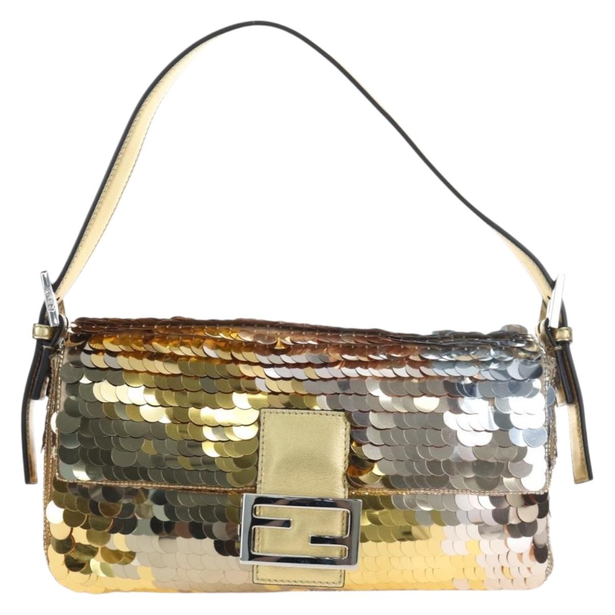 FENDI Mamma Baguette Shoulder Bag Sequin Leather Gold Tone Auth yk20723SM