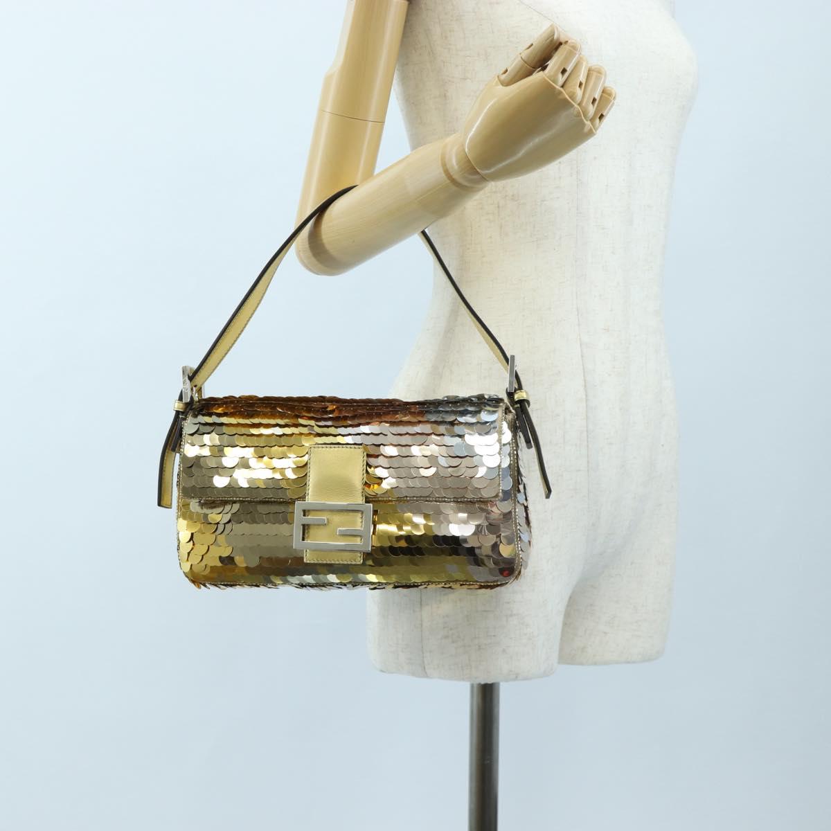 FENDI Mamma Baguette Shoulder Bag Sequin Leather Gold Tone Auth yk20723SM