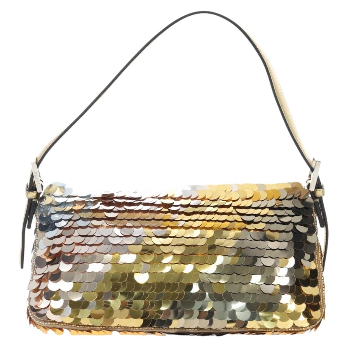 FENDI Mamma Baguette Shoulder Bag Sequin Leather Gold Tone Auth yk20723SM