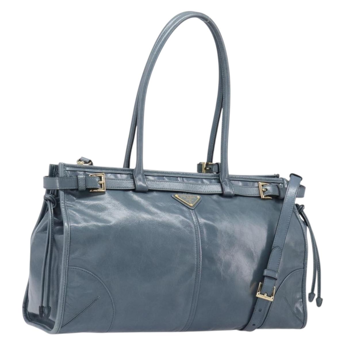 PRADA Bonnie Large Hand Bag Leather 2way Blue Gold Auth yk20726SAM